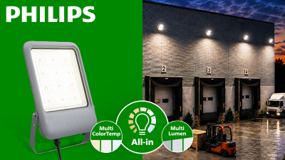Philips LED-Fluter für die Außenbeleuchtung von Parkplätzen und Industrieflächen mit den Funktionen „All-in-One“, „Multi ColorTemp“ und „Multi Lumen“.